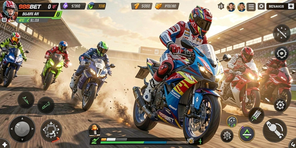Tampilan gameplay penuh aksi dalam 988BET saat balapan motor.