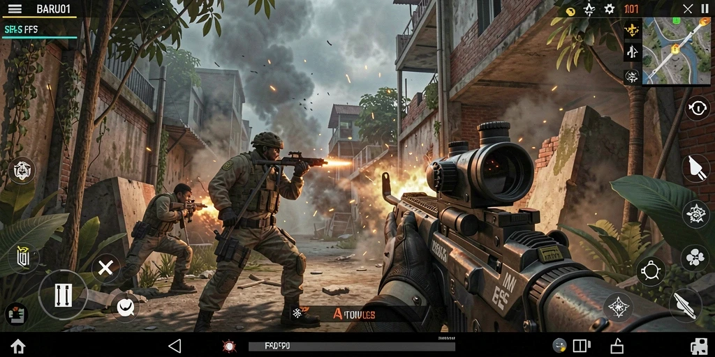 Screenshot menampilkan aksi seru dalam gameplay FPS BARU01.