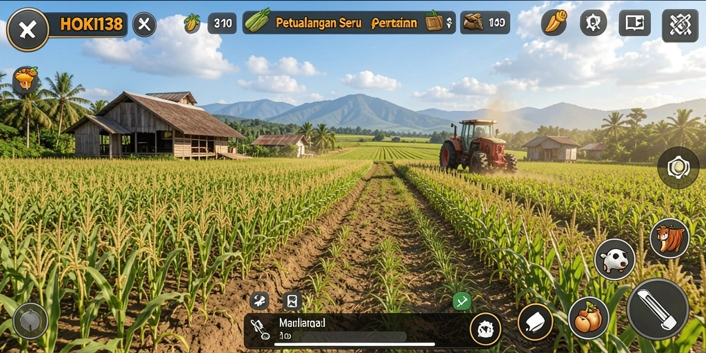Screenshot gameplay <strong>HOKI138</strong> menampilkan ladang dengan tanaman yang subur.
