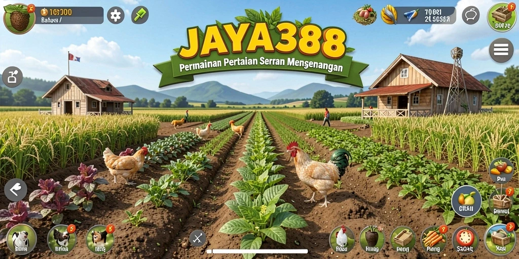 Tampilan gameplay JAYA388 dengan kebun yang subur dan hewan ternak.