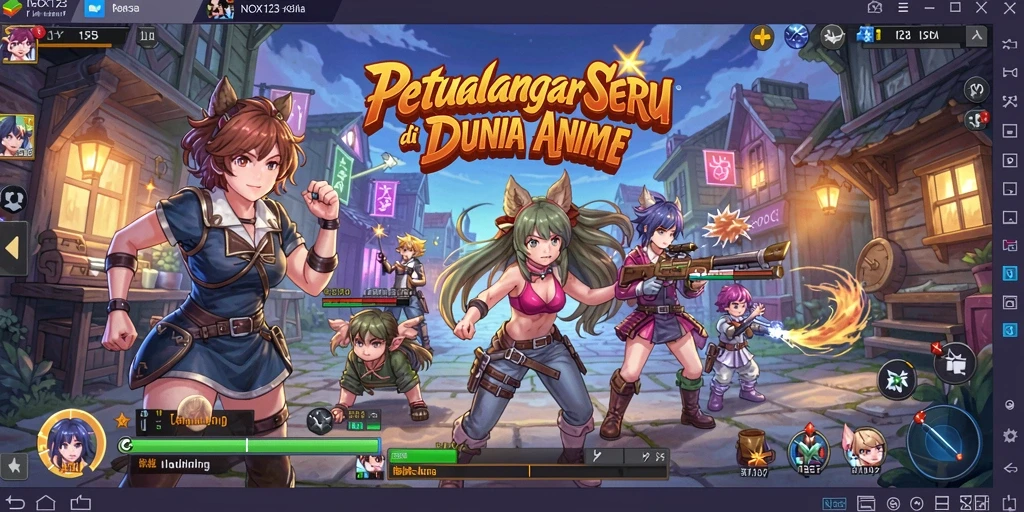 Tampilan gameplay <strong>NOX123</strong> menunjukkan aksi seru dengan karakter anime yang ikonik.