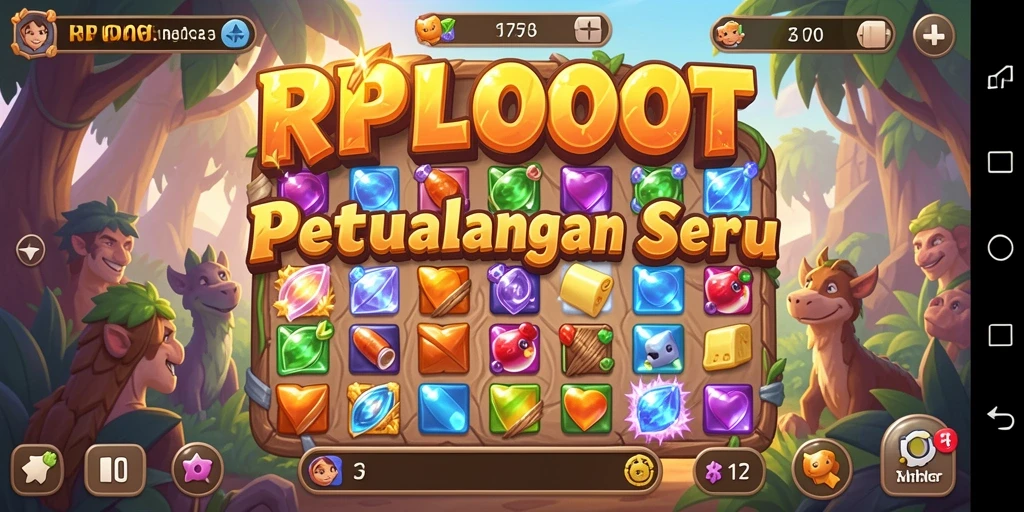 Screenshot menunjukkan gameplay RPLOOT yang menarik dengan gem yang berwarna-warni.