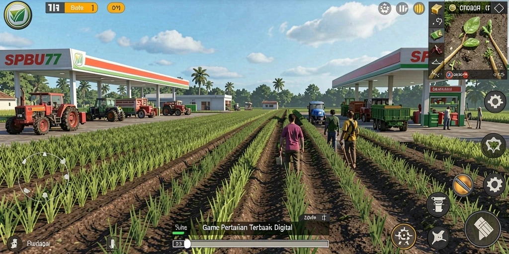 Screenshot utama SPBU77 menampilkan gameplay pertanian yang menarik.