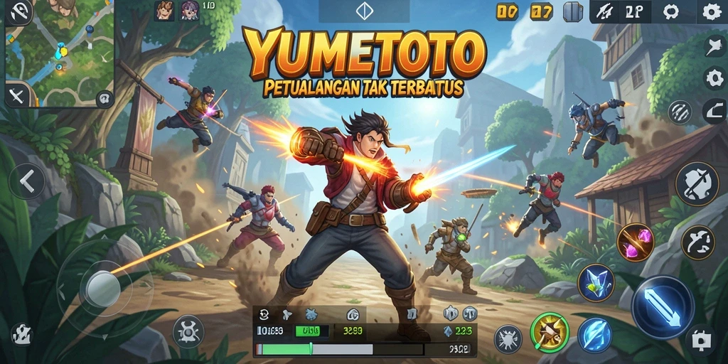 Tangkapan layar YUMETOTO menampilkan momen aksi seru dalam pertempuran.